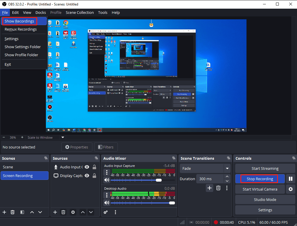 OBS interface showing how to stop a recording and find it on the PC.
