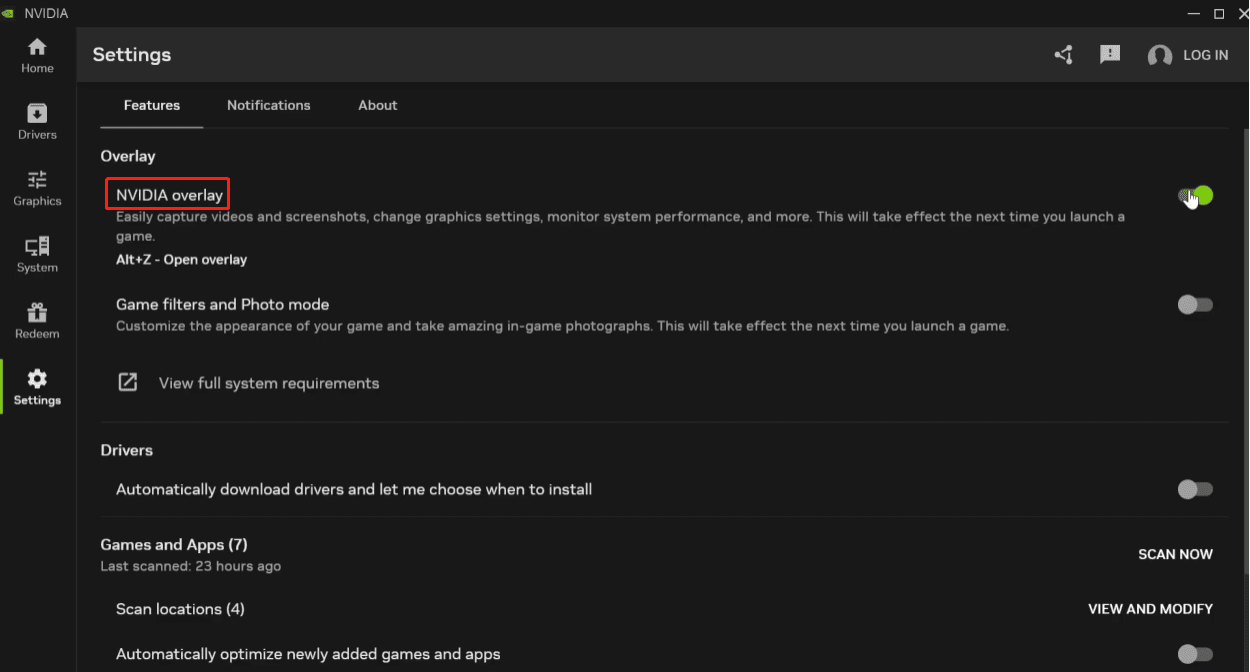 NVIDIA App Settings window with the NVIDIA overlay feature enabled.