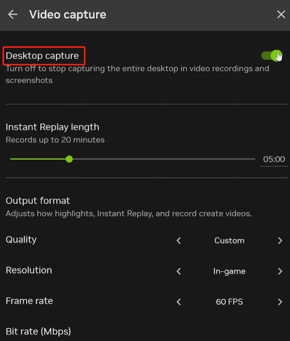 NVIDIA App Video capture window with the Desktop capture feature enabled.