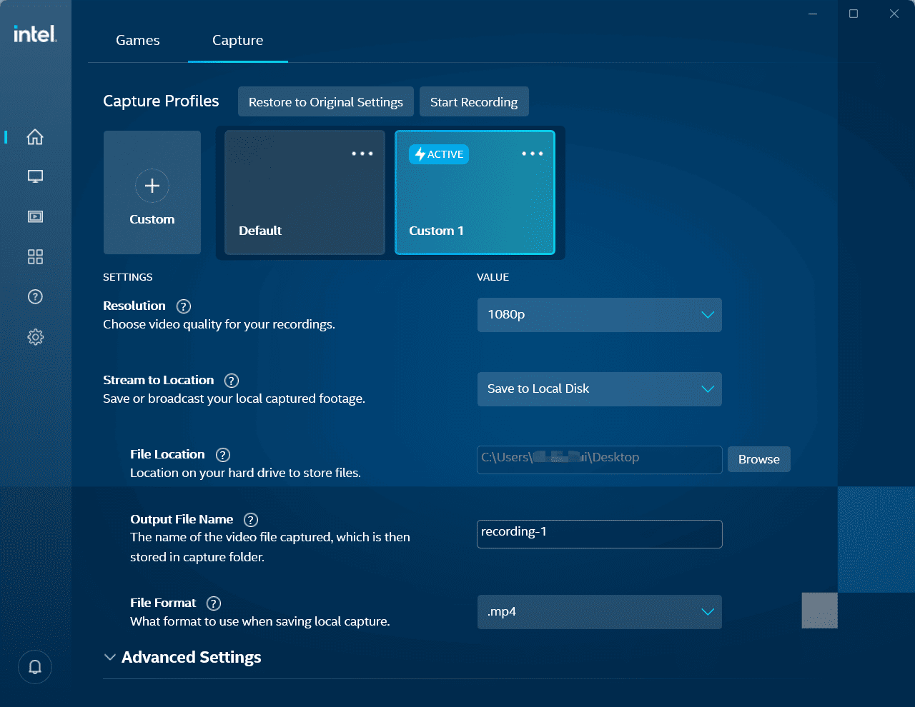 Intel Graphics Command Center Beta Capture tab with basic recording settings.