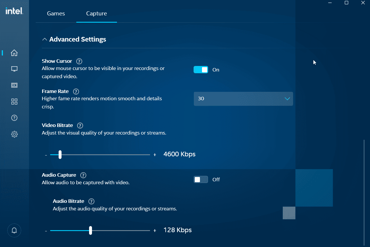 The Advanced Settings for the recording in the Intel Graphics Command Center Beta version.