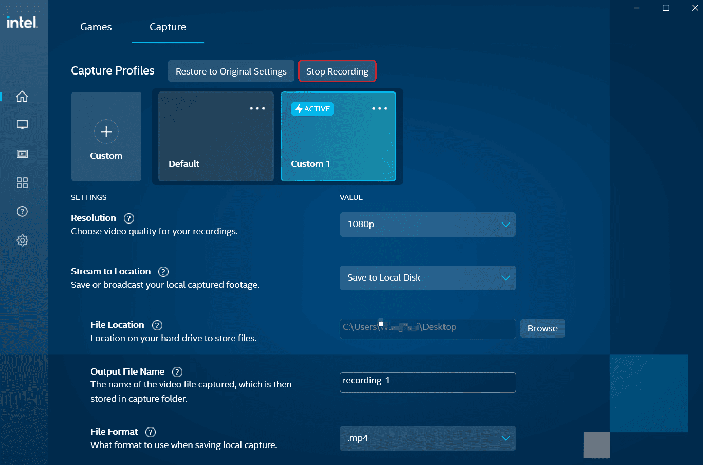 The marked Stop Recording option at the top of the Capture page in the Intel Graphics Command Center Beta version.