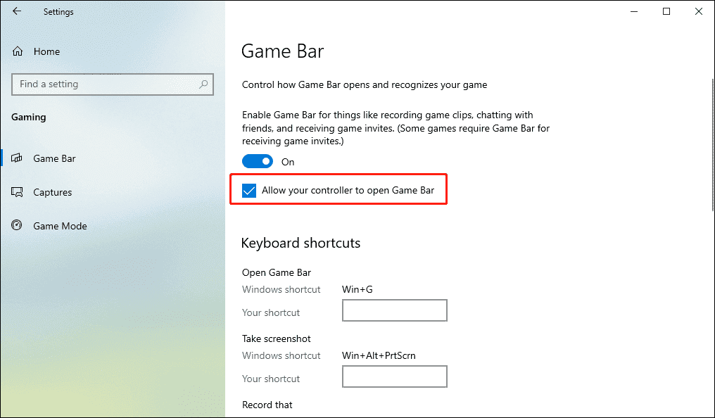 The enabled Allow your controller to open Game Bar option in Windows Settings.