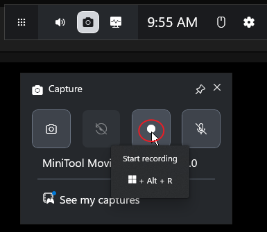 The selected Start recording option in the Capture window of the Game Bar.