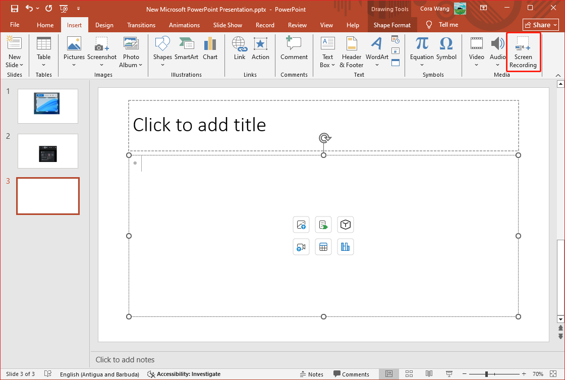 The selected Screen Recording option in the Insert ribbon in PowerPoint.