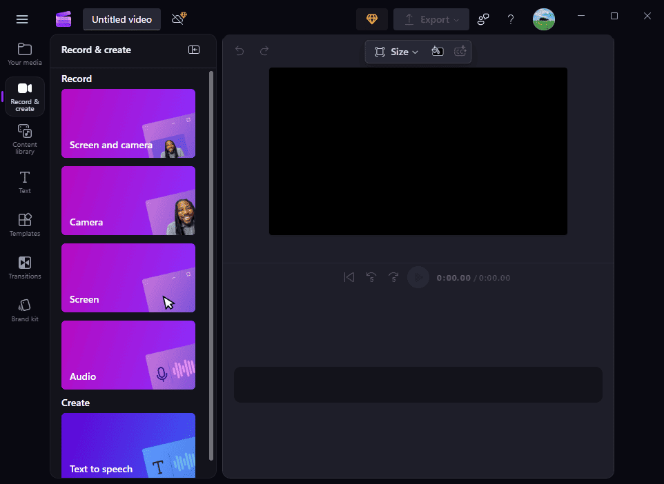 Microsoft Clipchamp interface with the Record and create menu expanded.