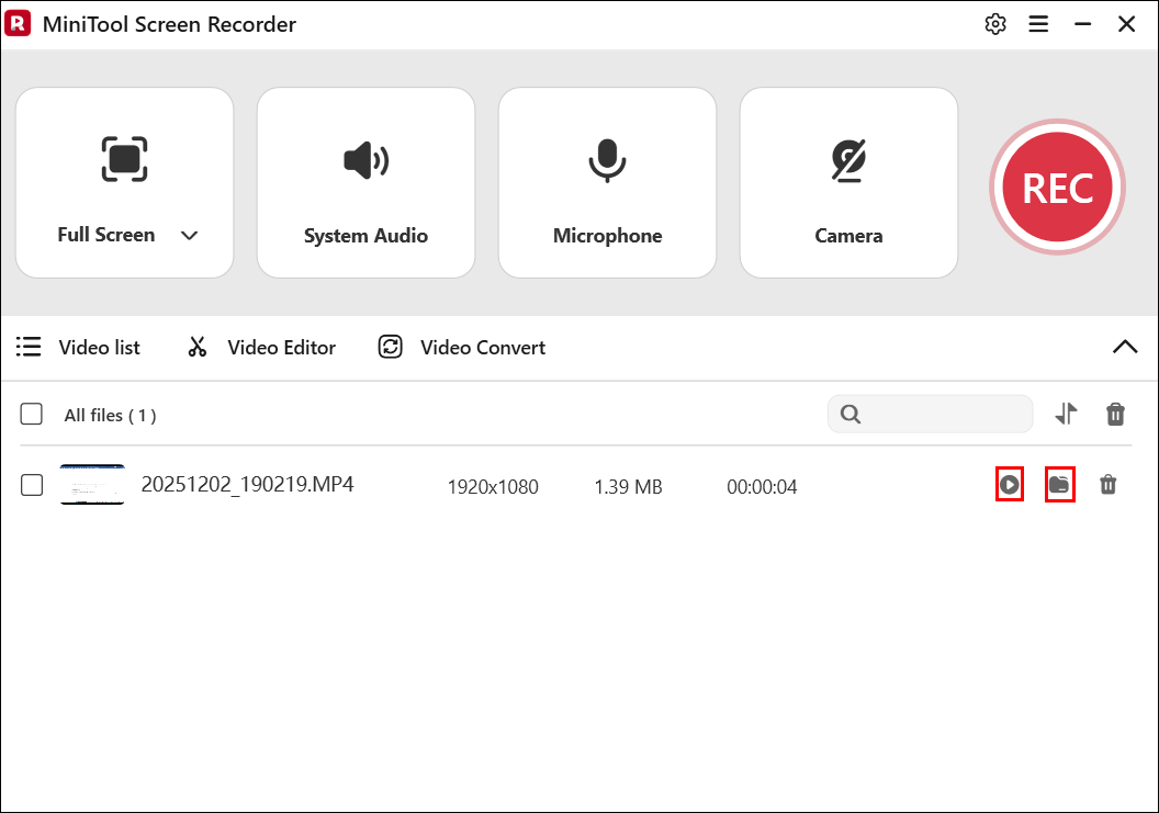 MiniTool Screen Recorder interface with the play and folder icon selected.