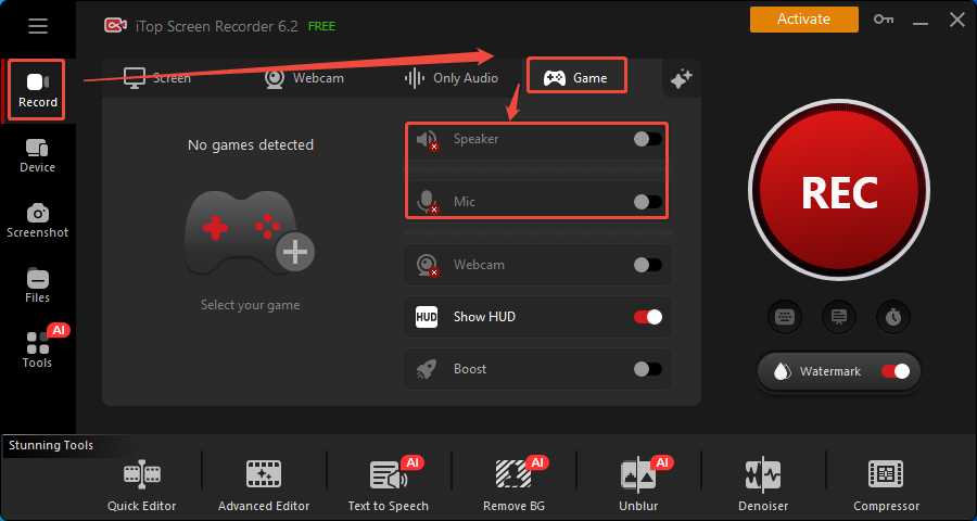 The iTop Screen Recorder interface shows how to control audio recording.