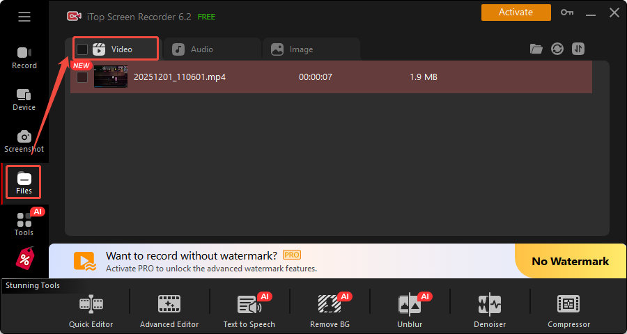 The iTop Screen Recorder interface shows how to check the recorded Goose Goose Duck video.