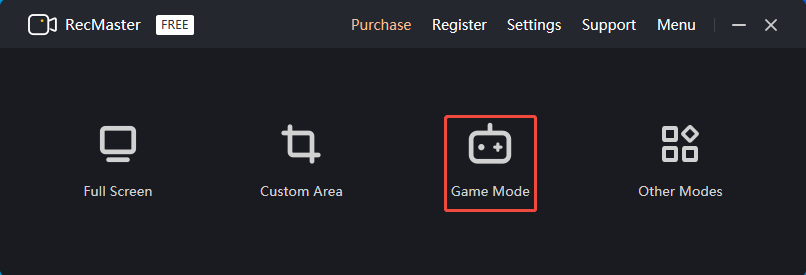 The RecMaster interface with the Game Mode option selected.