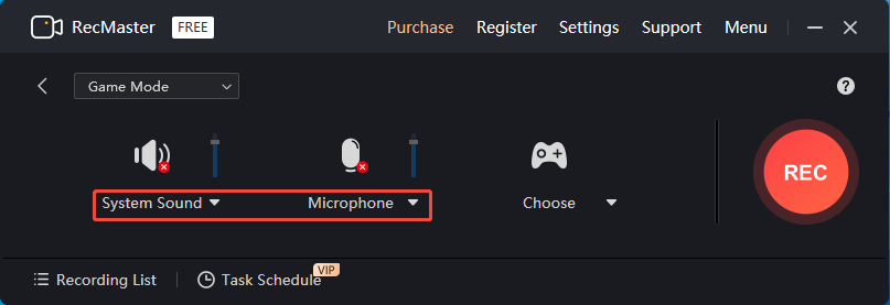 The RecMaster interface with the System Sound option and Microphone option selected.