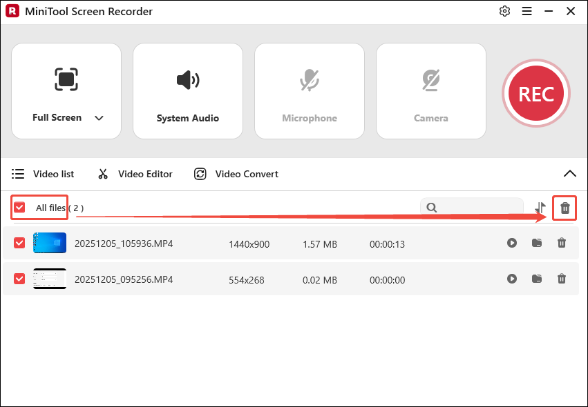 The MiniTool Screen Recorder interface shows how to delete all recorded files.