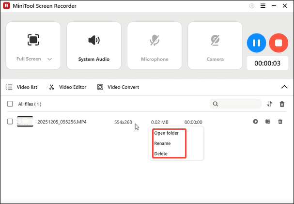 The MiniTool Screen Recorder interface with Open folder, Rename, and Delete options selected.