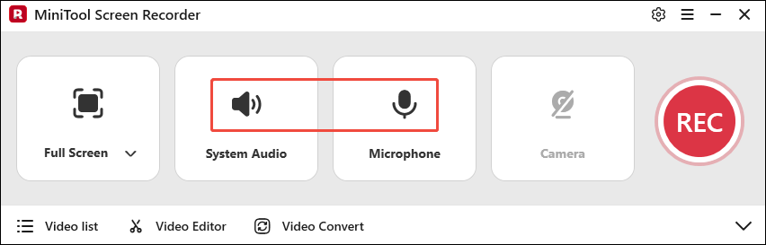 The MiniTool Screen Recorder interface with the System Audio icon and the Microphone icon selected.