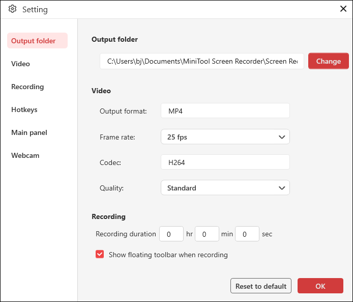 The Settings interface of MiniTool Screen Recorder.