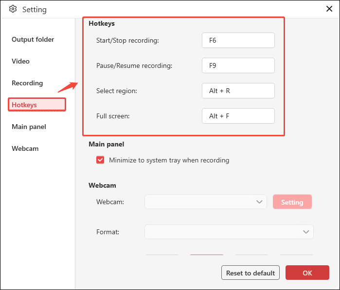 The Settings interface of MiniTool Screen Recorder shows how to modify the recording hotkeys.