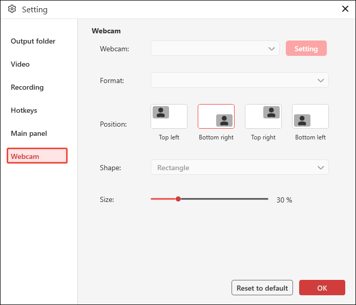 The Settings interface of MiniTool Screen Recorder displays the format, position, shape, and size settings for the webcam.