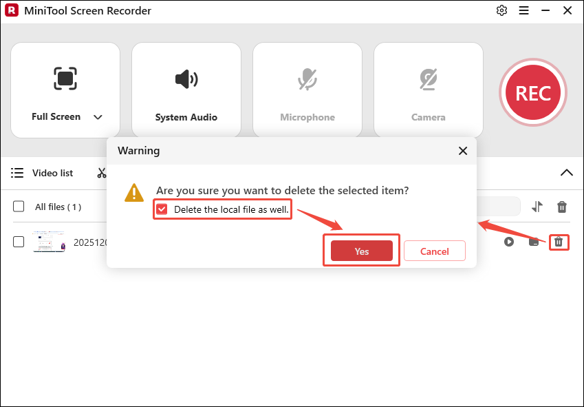 The MiniTool Screen Recorder interface that shows how to delete the recording task and the corresponding local file.