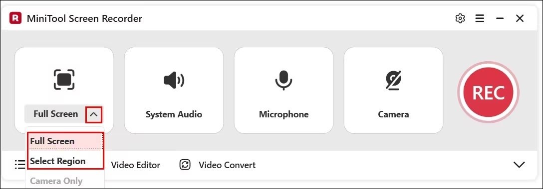 The MiniTool Screen Recorder interface with the recording section options expanded.