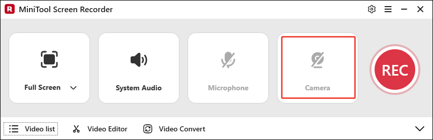The MiniTool Screen Recorder interface with the Camera option selected.