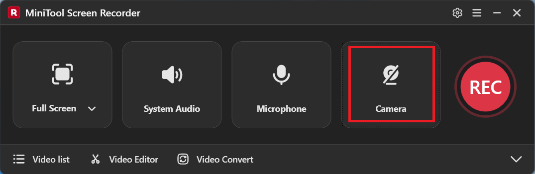 MiniTool Screen Recorder interface with the Camera icon selected.