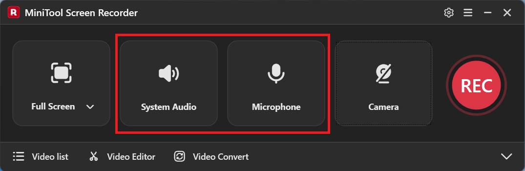 MiniTool Screen Recorder interface with the System Audio and Microphone option highlighted.
