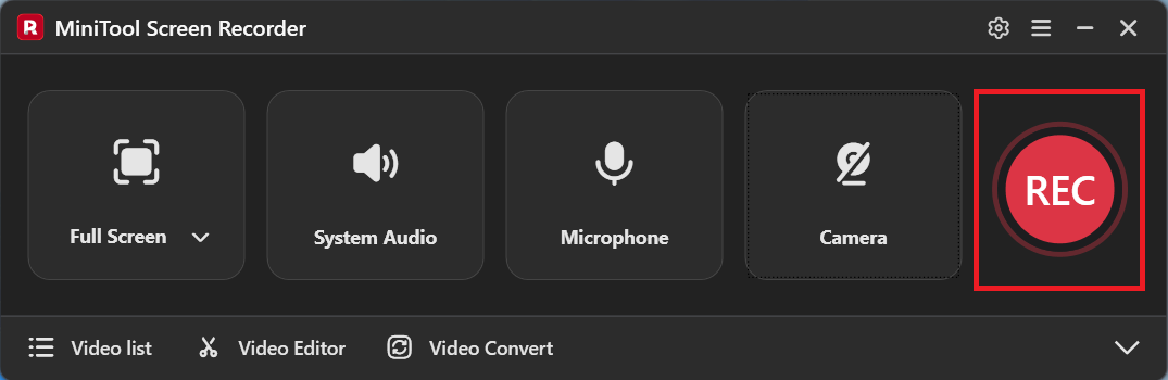 MiniTool Screen Recorder interface with the REC button selected to start the recording process.