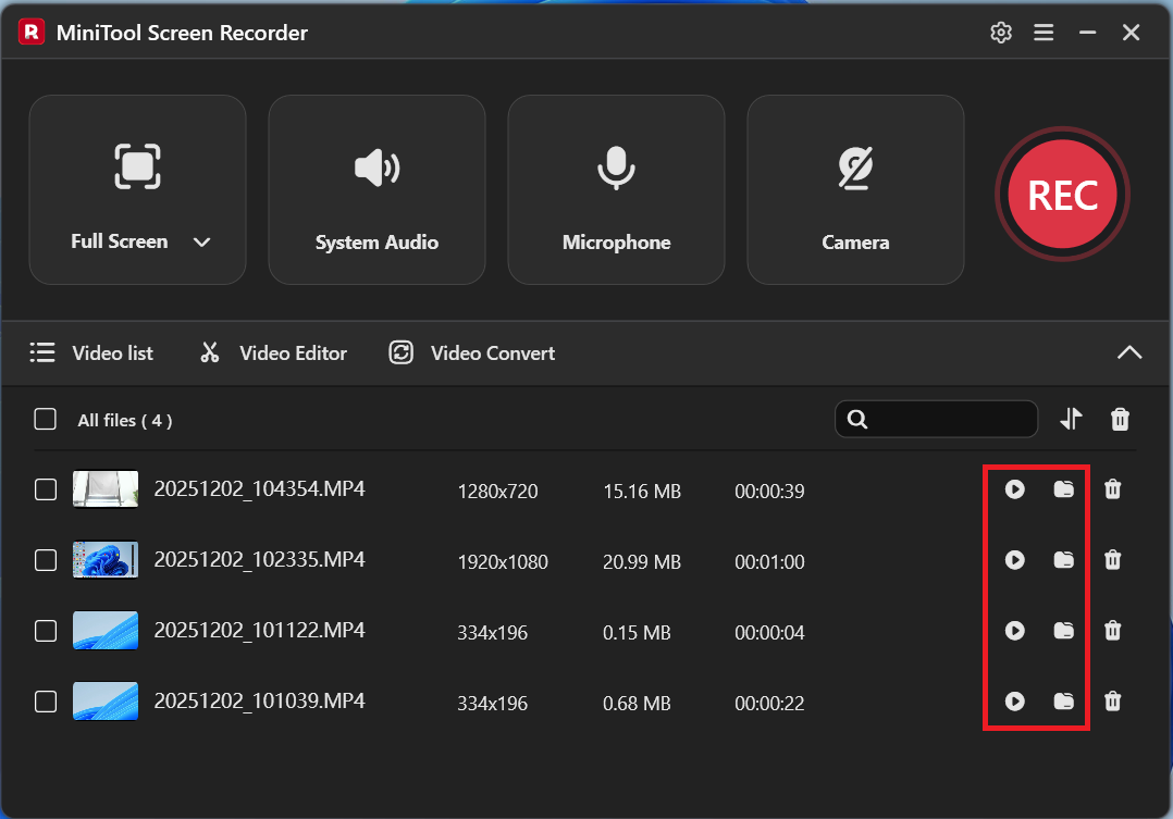 MiniTool Screen Recorder interface with the Play icon and the Folder icon in the video list selected.