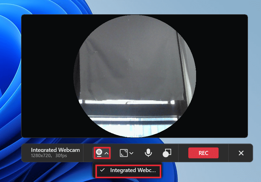 MiniTool Screen Recorder interface with the Recording option expanded and the Integrated Webcam selected.