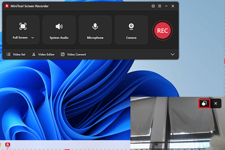 MiniTool Screen Recorder interface with the shape toggle icon selected in the recording area.
