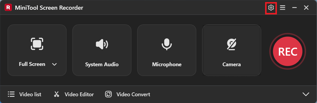 MiniTool Screen Recorder interface with the Settings icon highlighted.
