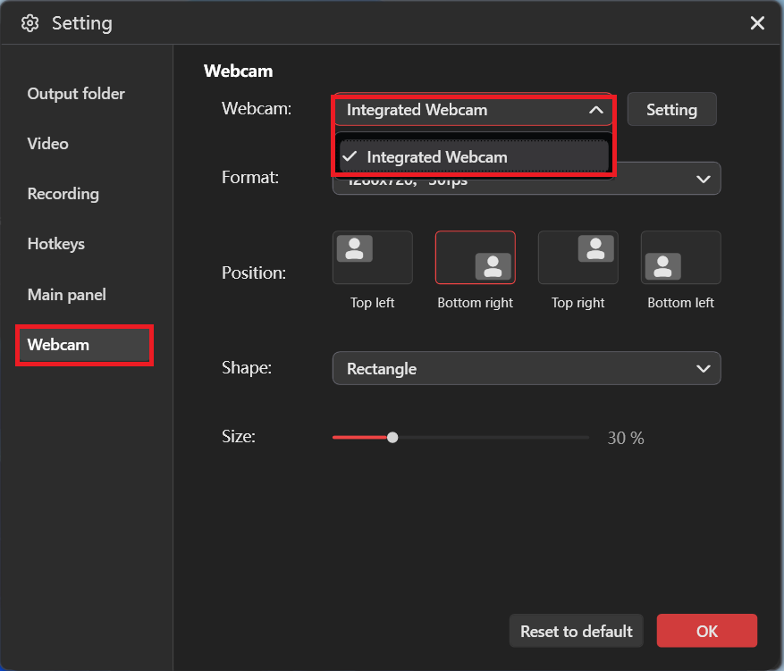 The MiniTool Screen Recorder Settings window with the Webcam option enabled in the Webcam subtab.