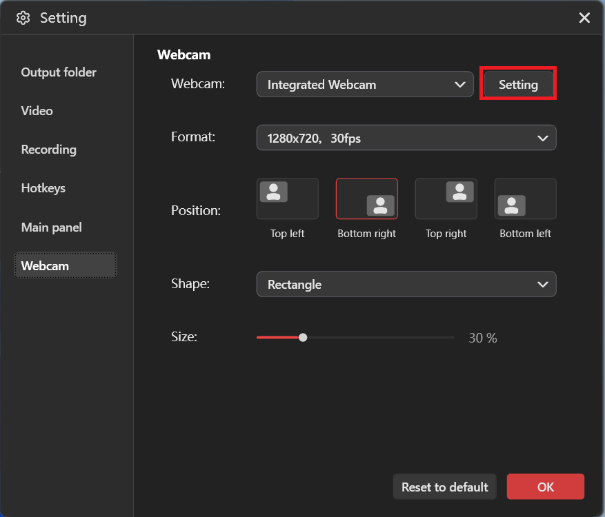 The MiniTool Screen Recorder Settings window with the Setting option in the Webcam subtab selected.