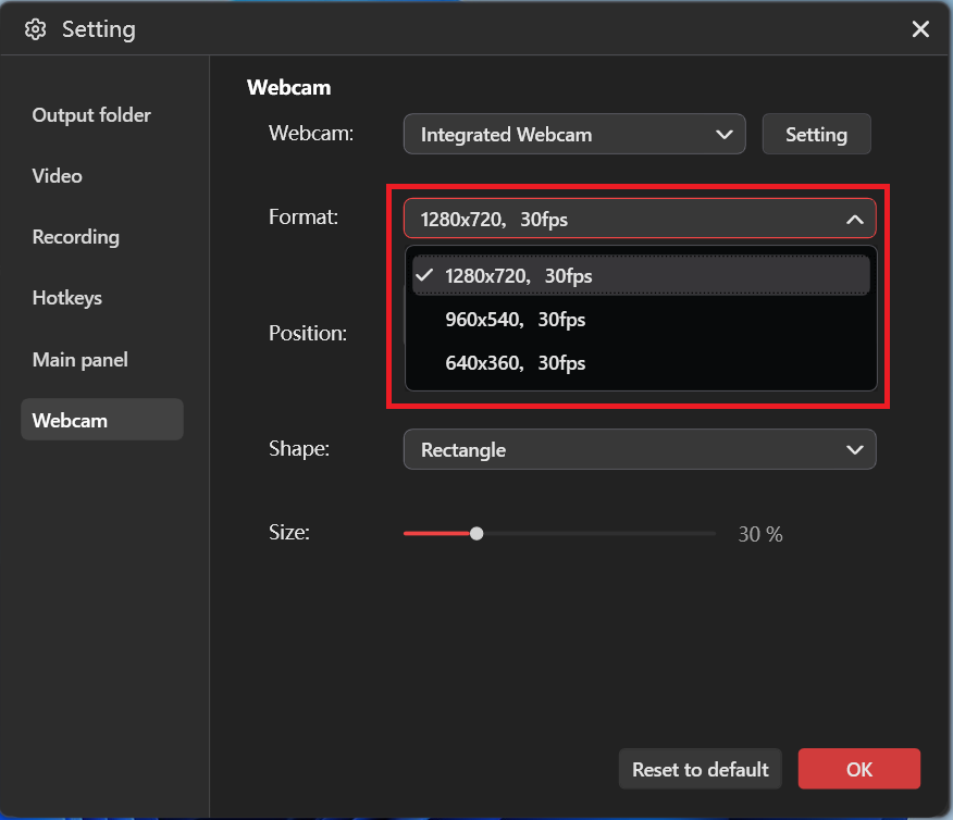 The MiniTool Screen Recorder Settings window with the Format option in the Webcam subtab expanded.