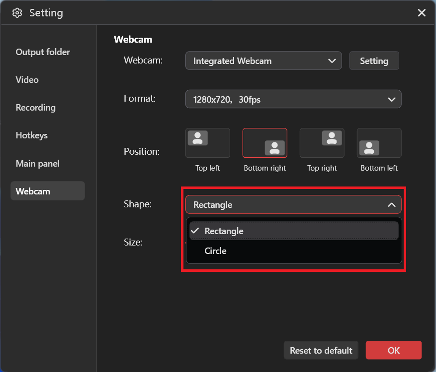 The MiniTool Screen Recorder Settings window with the Shape option in the Webcam subtab expanded.