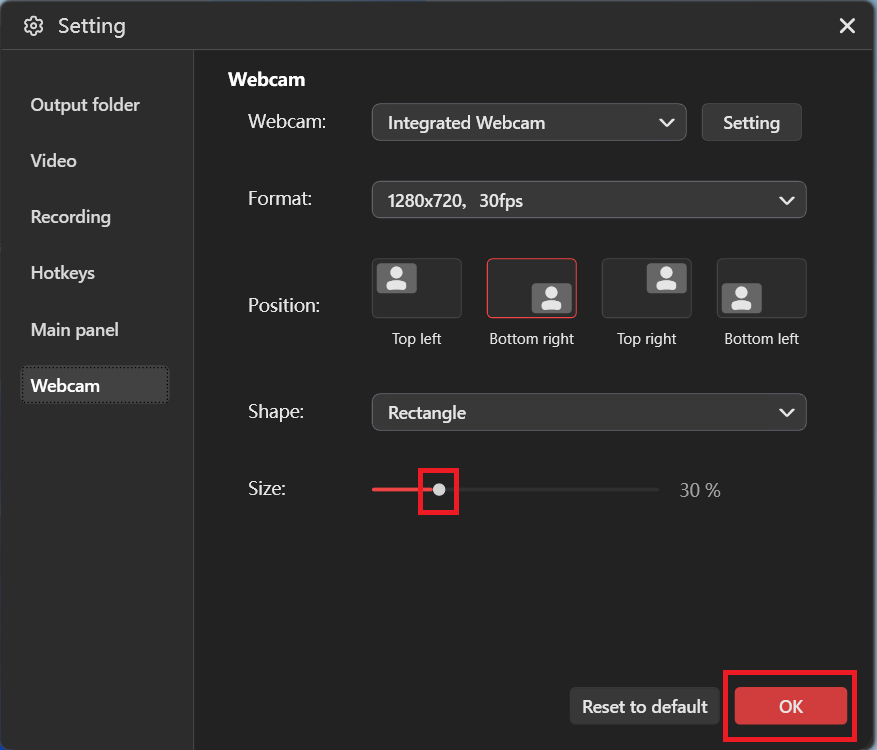 The MiniTool Screen Recorder Settings window with the webcam size slider and the OK button selected.