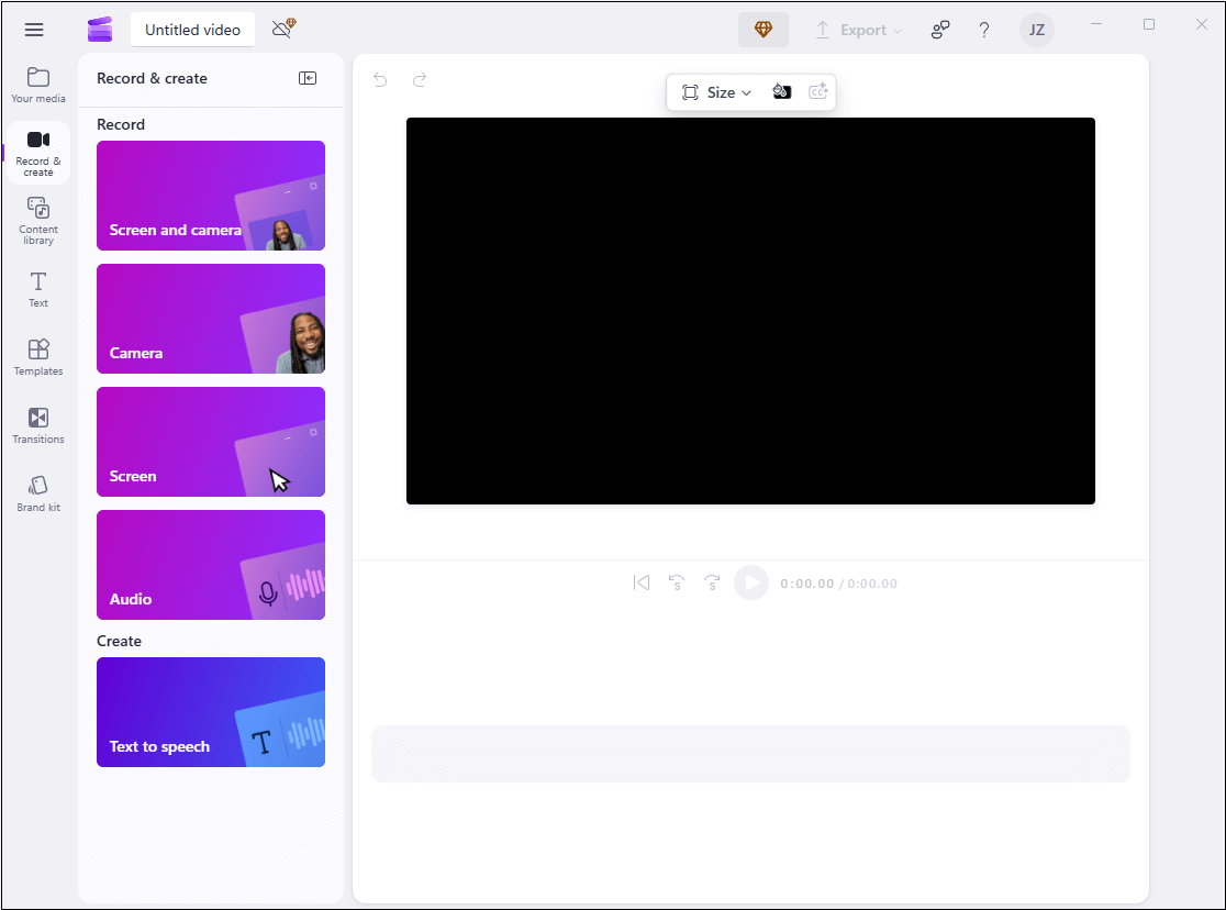 Microsoft Clipchamp’s recorder interface.