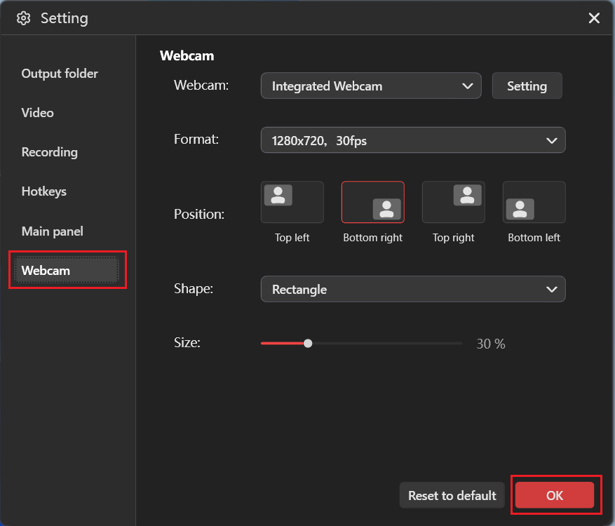 MiniTool Screen Recorder’s Webcam section that shows adjustable webcam settings and the OK button selected.