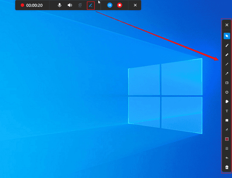 MiniTool Screen Recorder interface showing how to access the annotation tool panel.