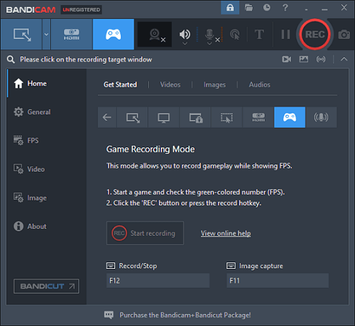 The main interface of Bandicam.
