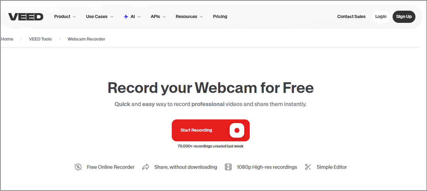 VEED’s webcam recorder interface.