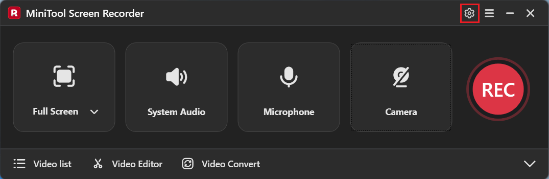 MiniTool Screen Recorder with the Settings icon selected.