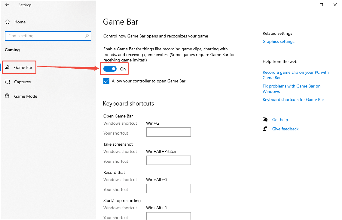 Windows Settings window with the Game Bar tab selected and the toggle turned on.