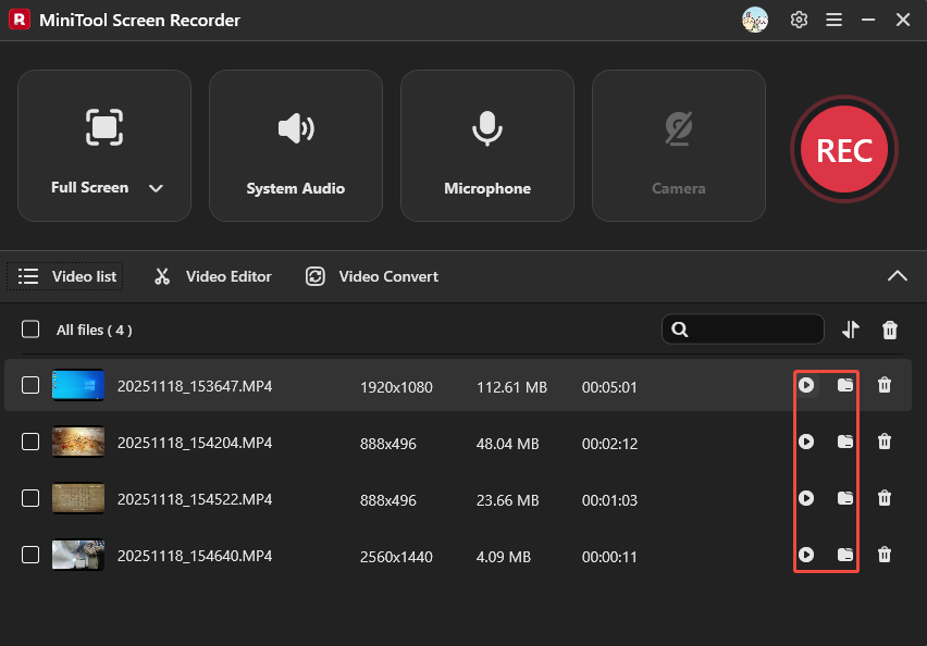 MiniTool Screen Recorder video list with the play icons and the folder icons selected.