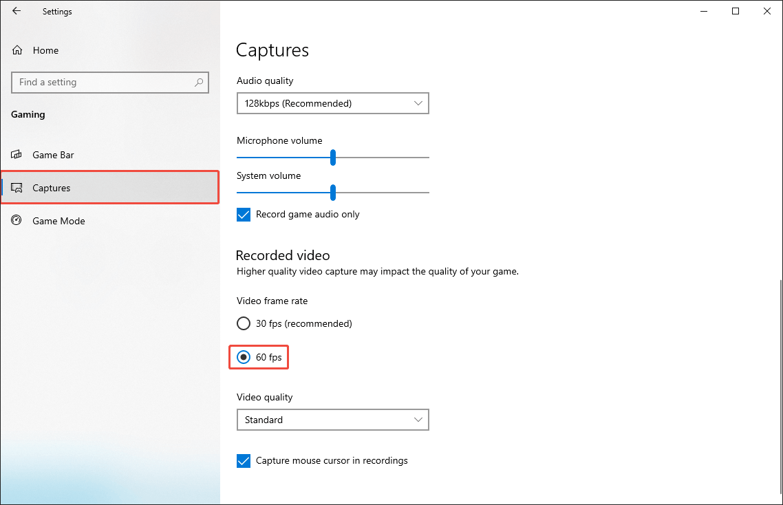 Windows Settings window with the Captures option and the 60 fps option selected.