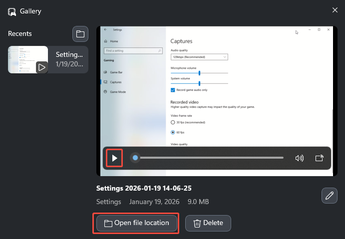 Xbox Game Bar Gallery window with the play icon and the Open file location option selected.