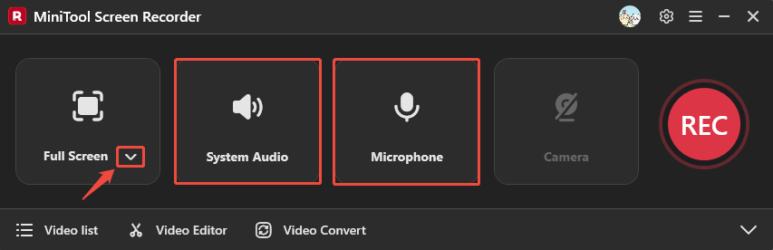 MiniTool Screen Recorder interface showing how to choose the recording area and audio.