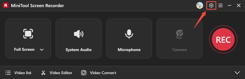 MiniTool Screen Recorder interface with the settings icon selected.