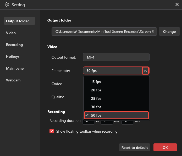 MiniTool Screen Recorder Setting window with a dropdown menu for Frame rate options expanded with 50 fps selected.