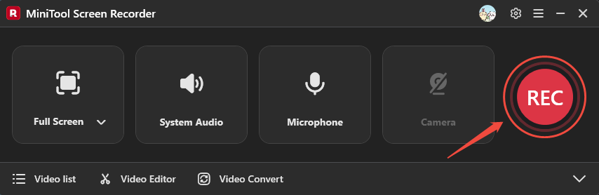 MiniTool Screen Recorder interface with the red REC button selected.